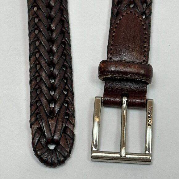 Fossil Men’s Myles Braided Leather Belt Cognac 42 | 30mm Silver Buckl - Picture 4 of 10